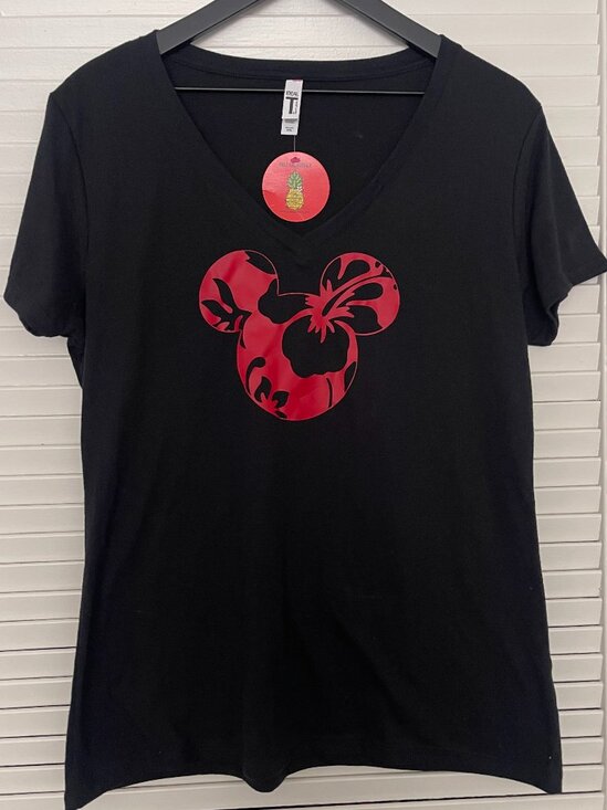 Disney Tops - Minnie Mouse V-Neck T-Shirt with a red floral  Hawaiian Logo